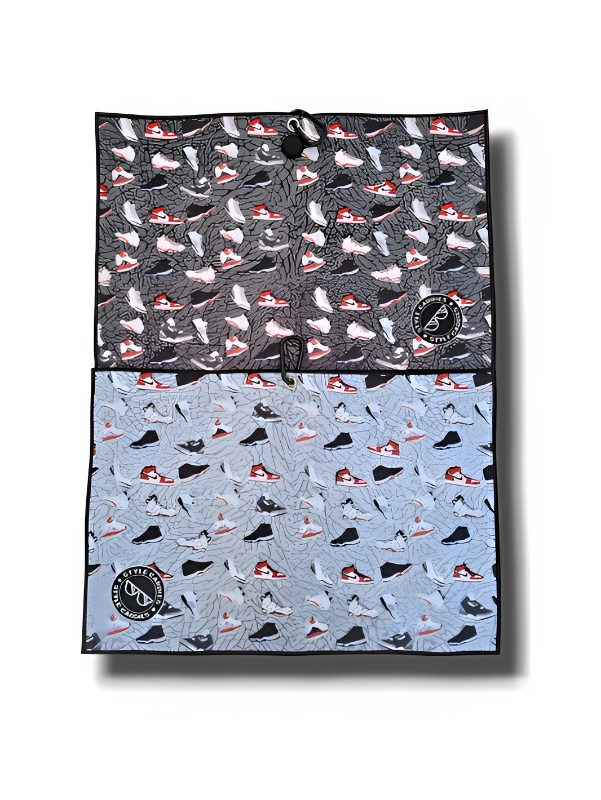Magnetic golf towel reversible with Jordan shoes designs