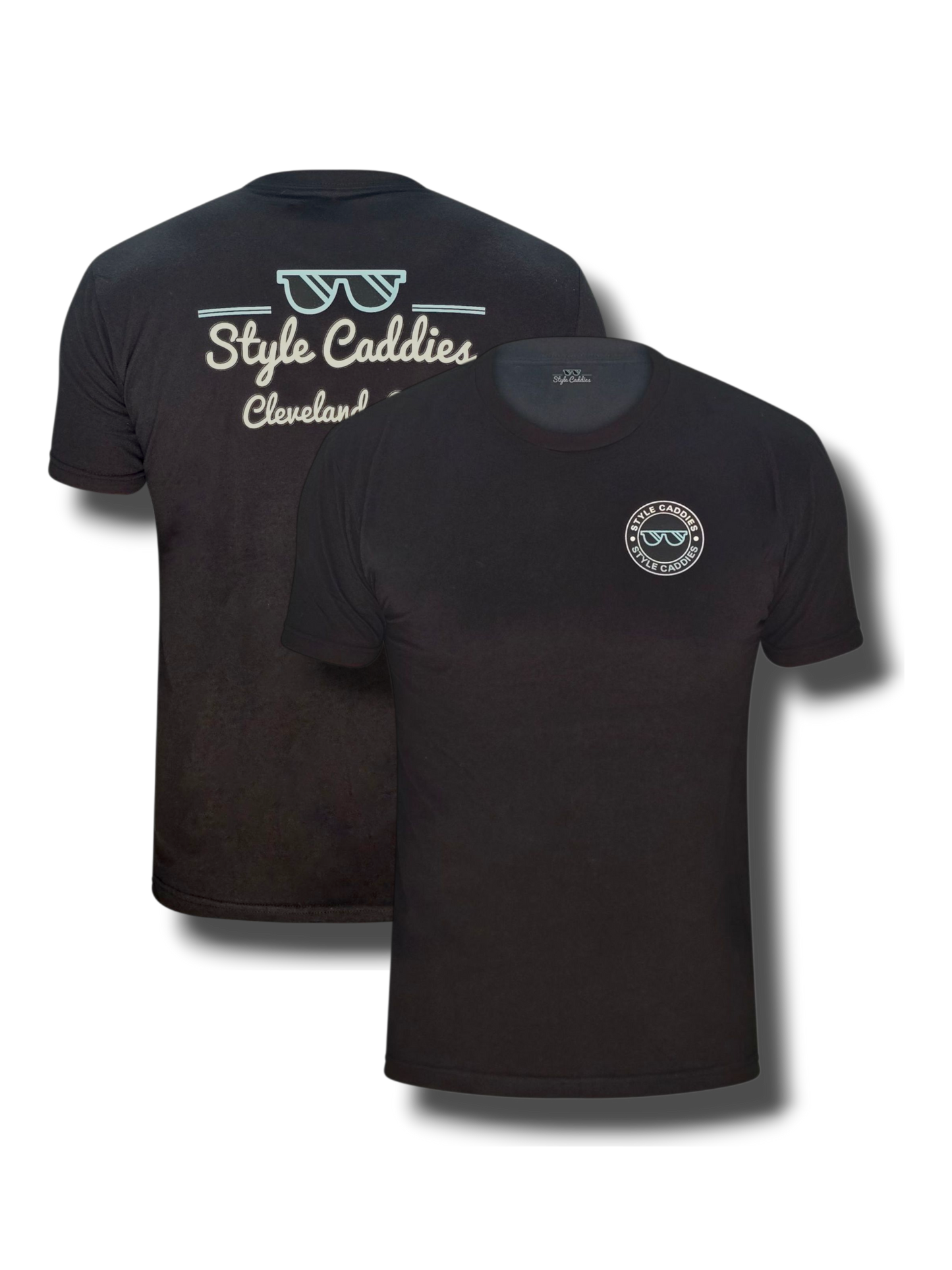 Black style caddies t-shirt with branding on the front and back against a white background
