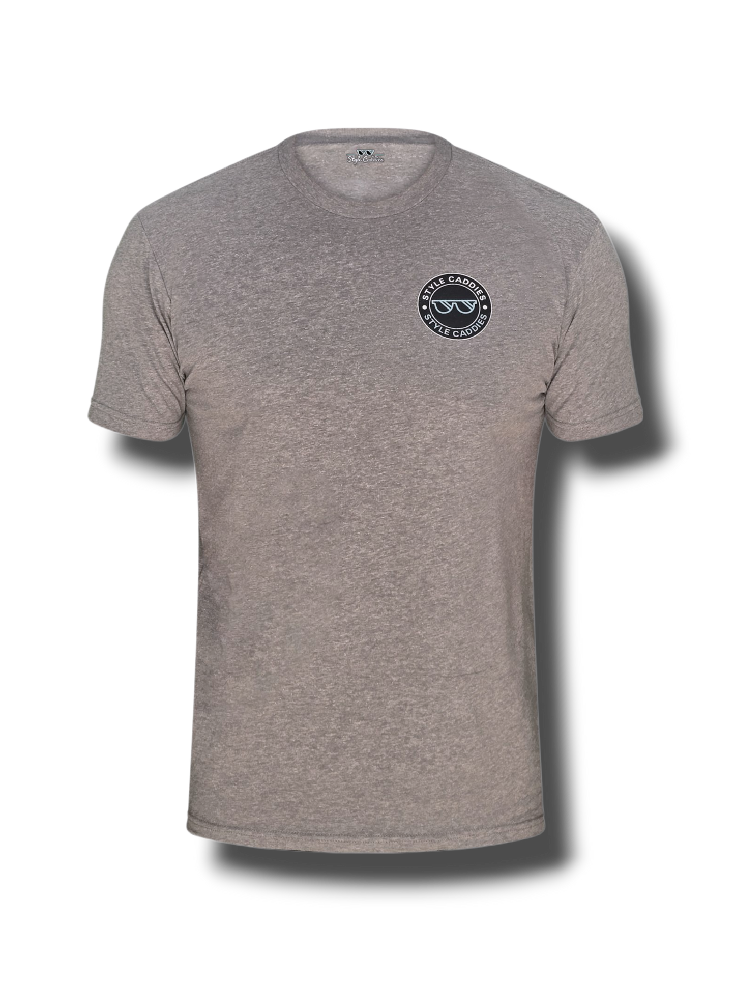 Gray t-shirt with a logo on the chest against a white background