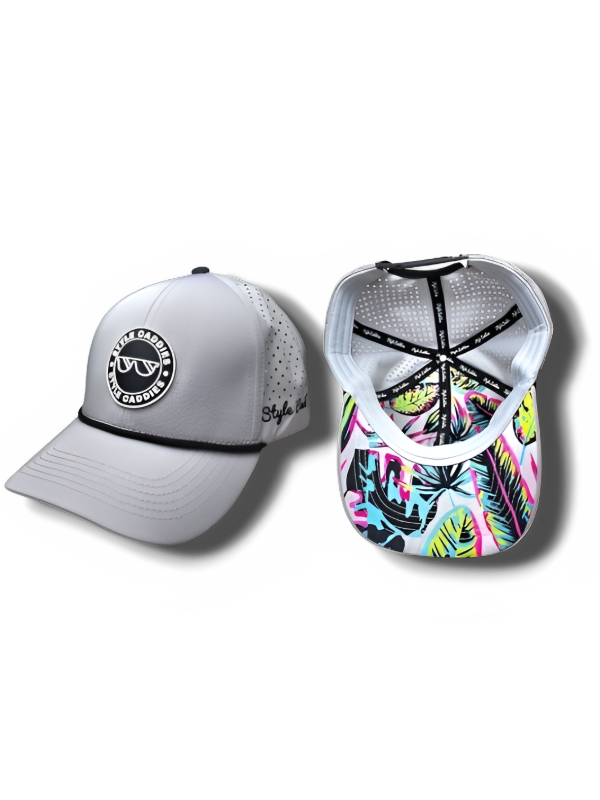 gray golf hat with palm trees underneath with rope and logo on front