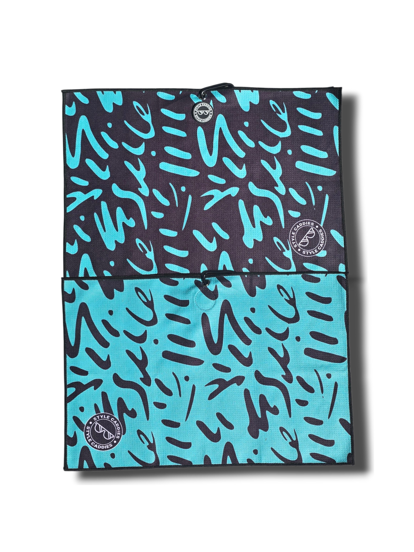 colorful magnetic golf towel with black and green patterns and logos
