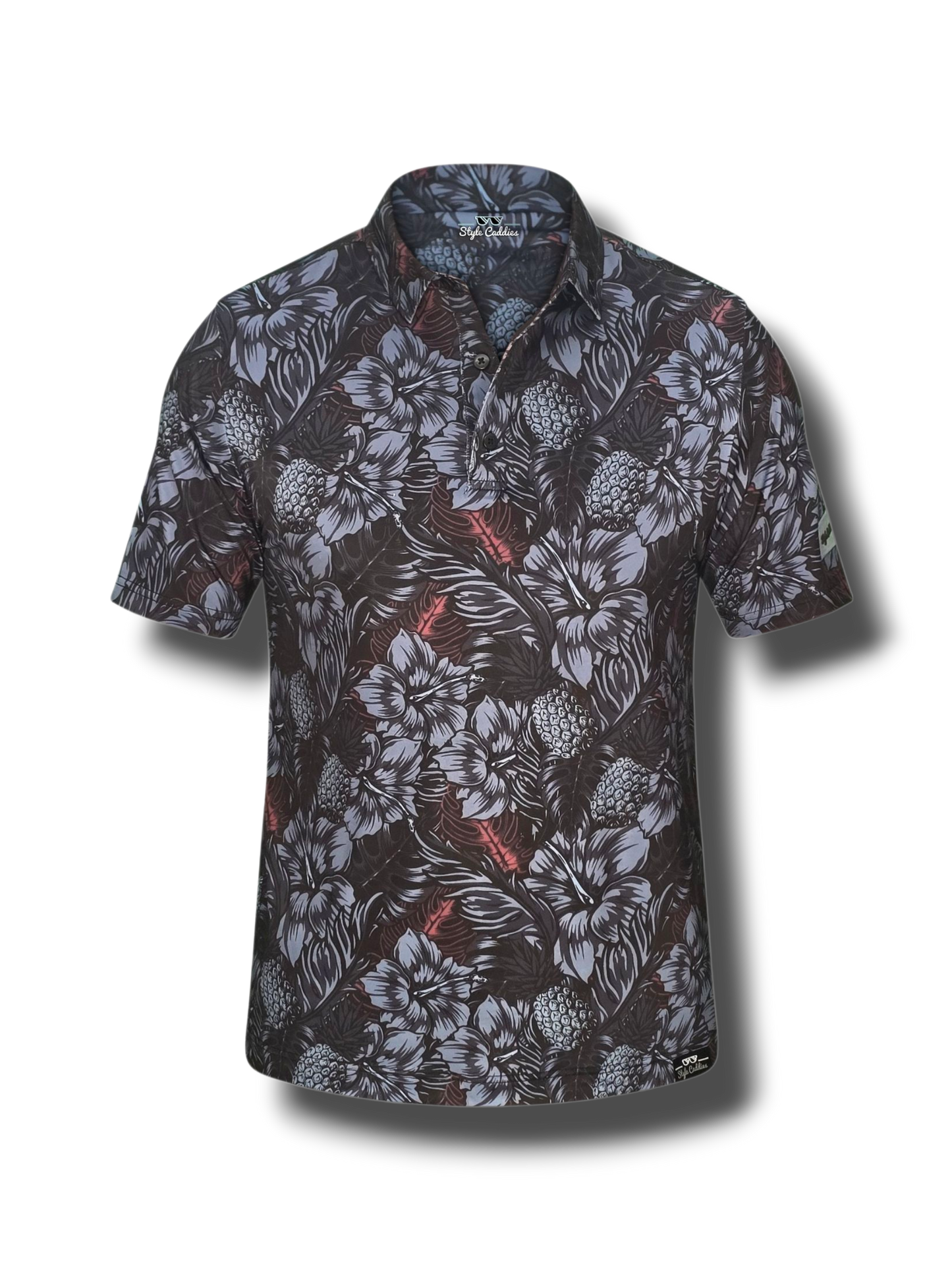 Short-sleeve golf polo shirt with floral pattern on a white background