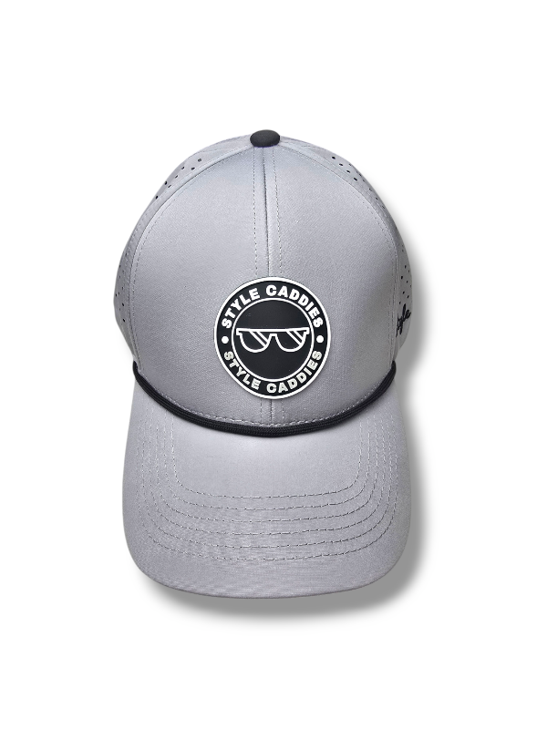 gray golf hat with palms under and rope and logo on top