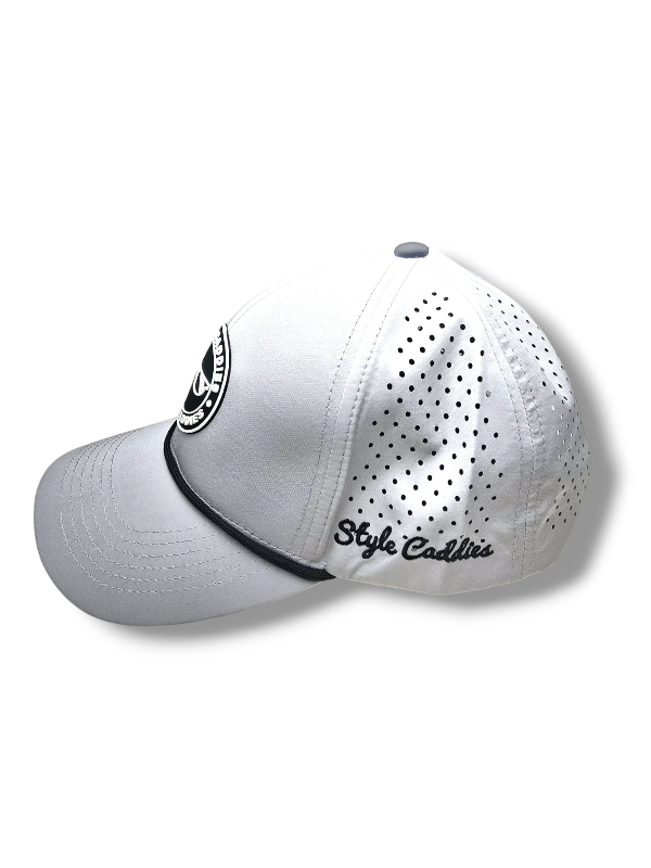 grey golf hat with palms and rope with logo