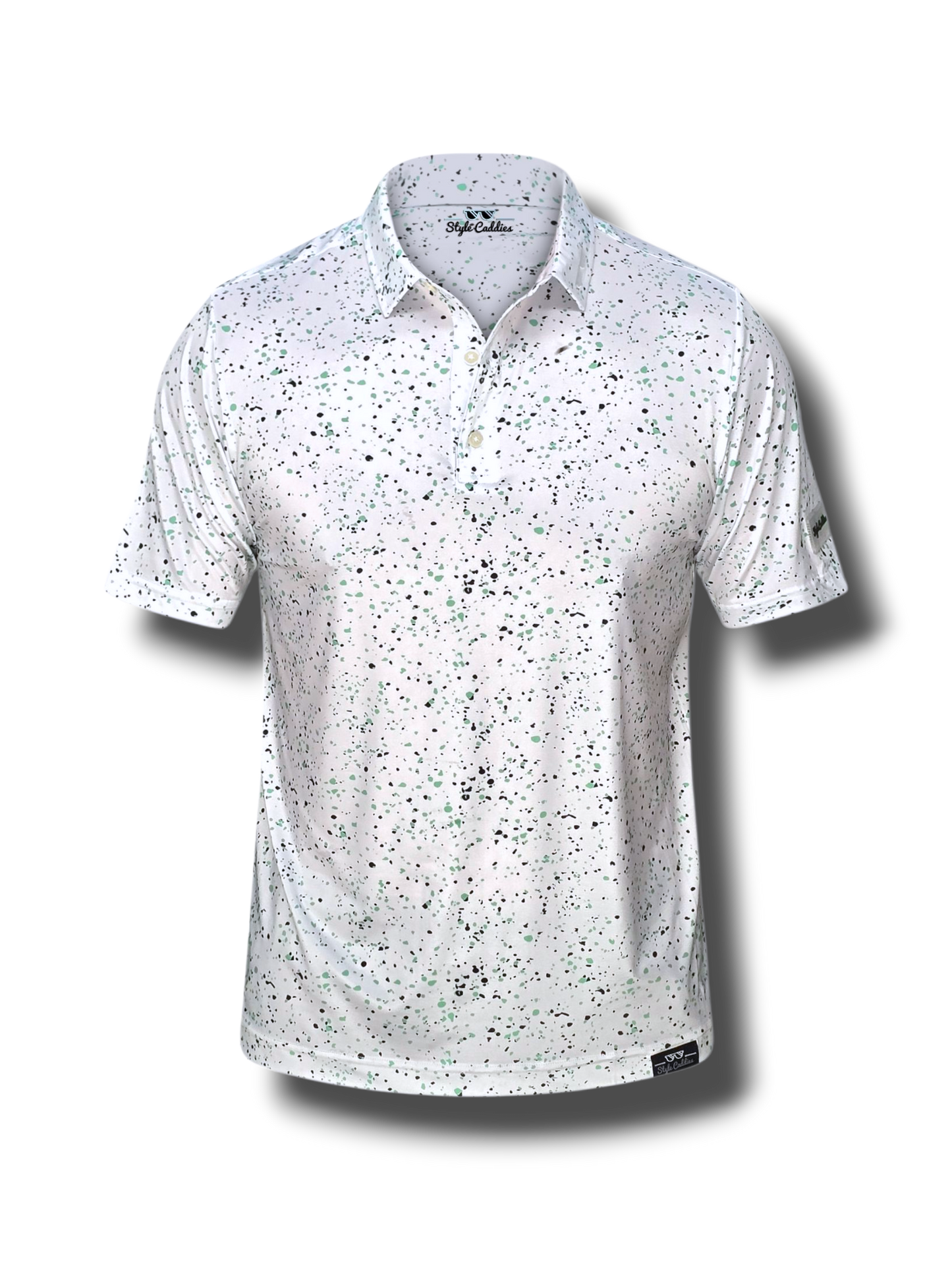 hint of mint polo shirt with black speckle pattern on a white background