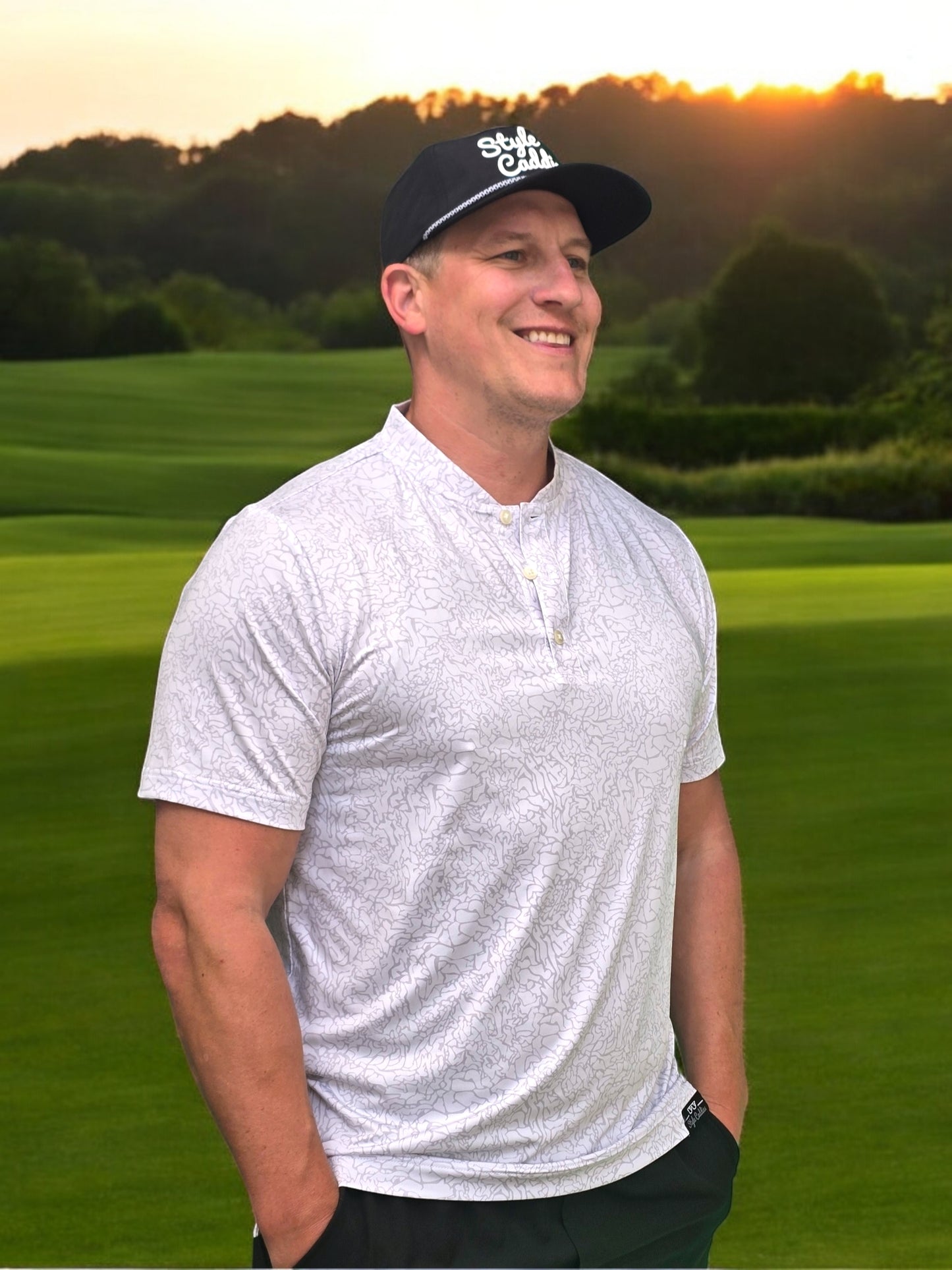 light gray cement pattern collarless golf shirt