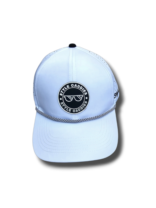 low profile golf hat with white and black and logo with rope