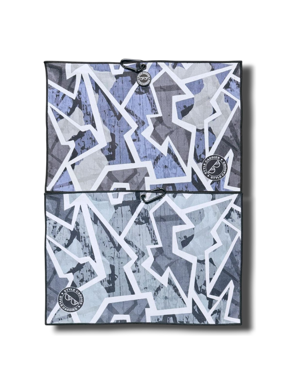 reversible magnetic golf towel with geo patterns and logos
