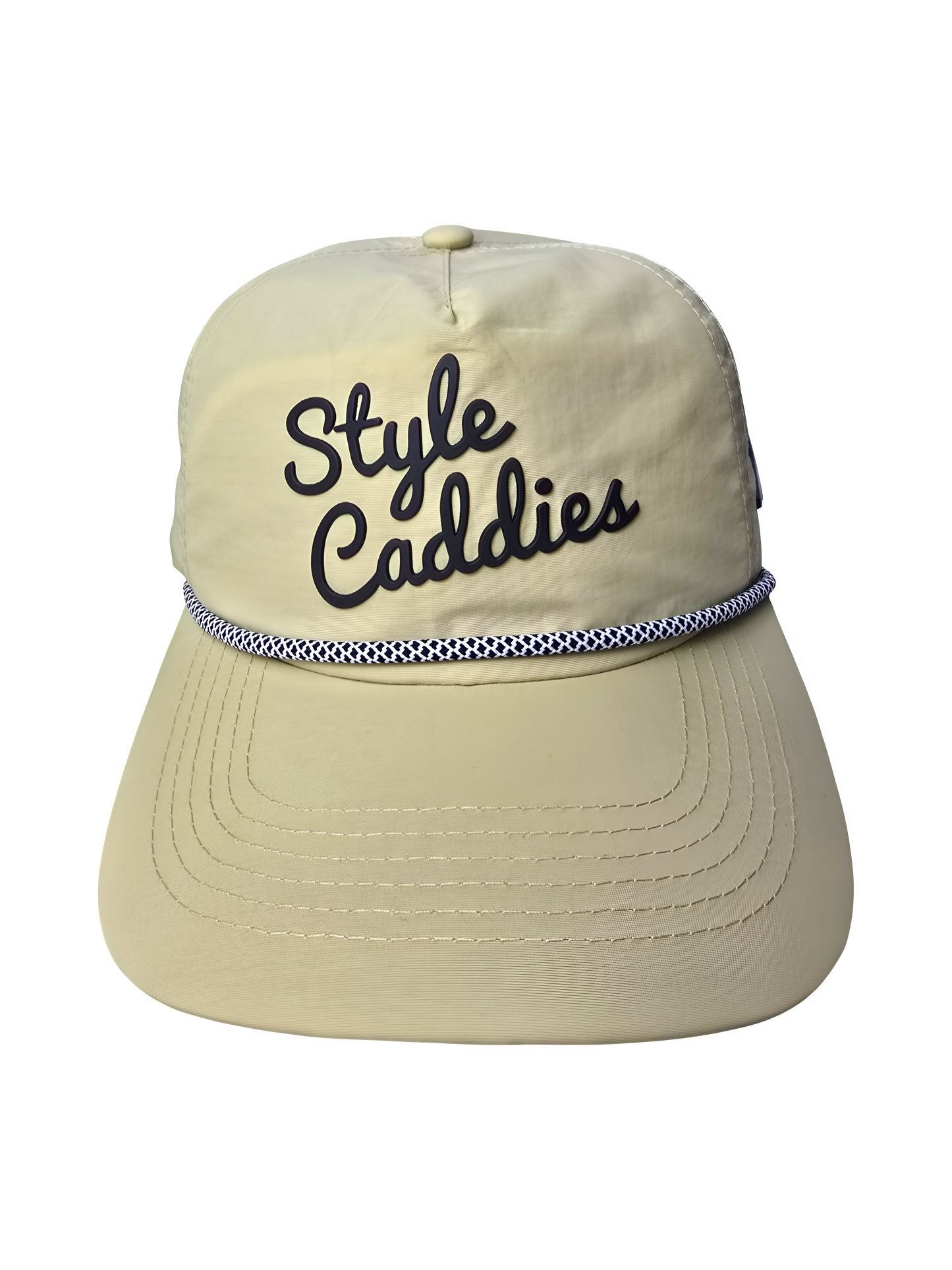 tan nylon rope hat with signature and rope accent