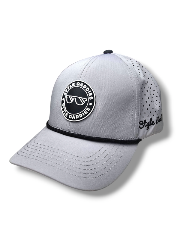 palm tree hat with palms underneath and gray on top with black rope and logo on front
