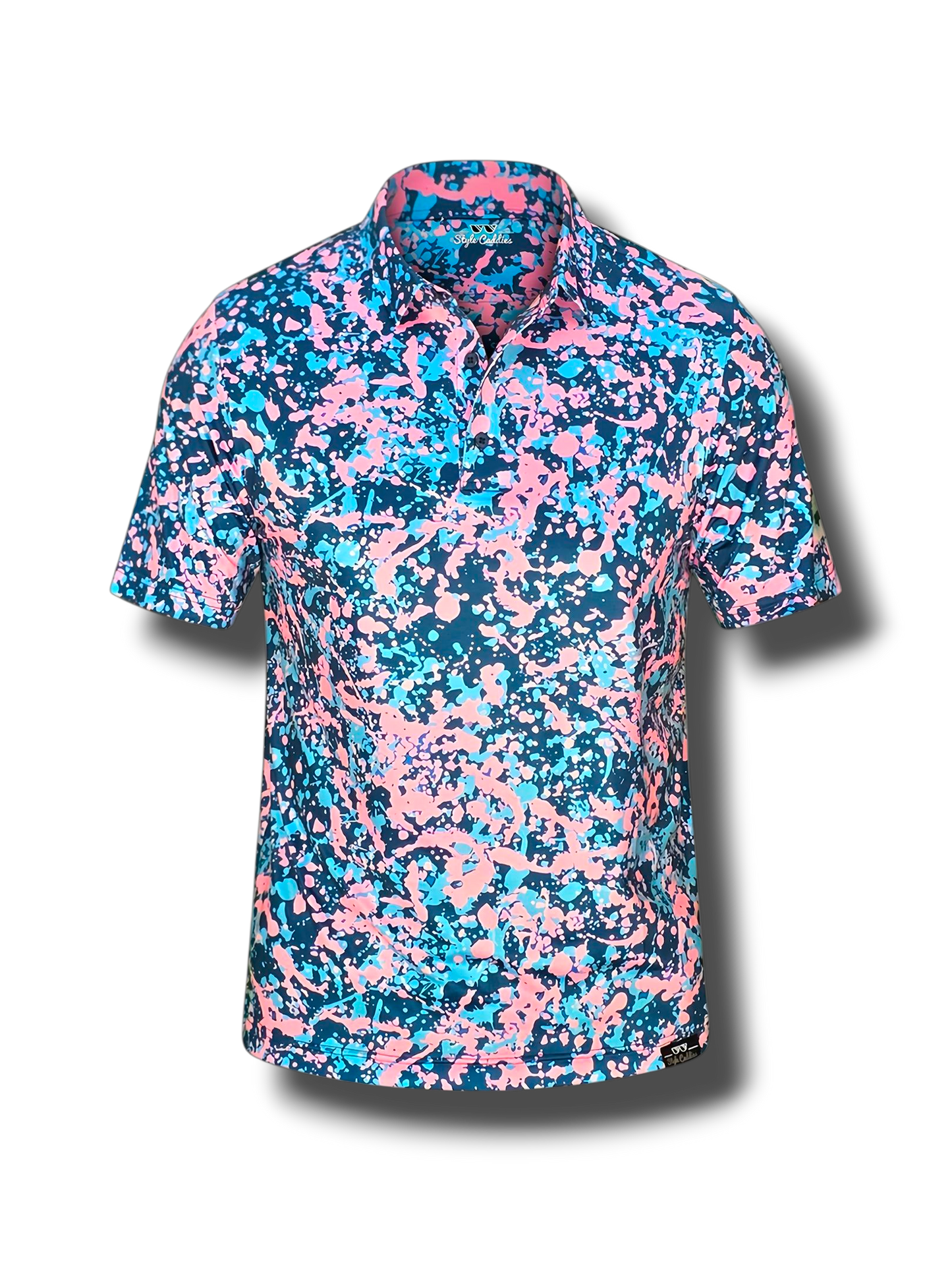Short-sleeve shirt with pink and blue abstract pattern on a white background