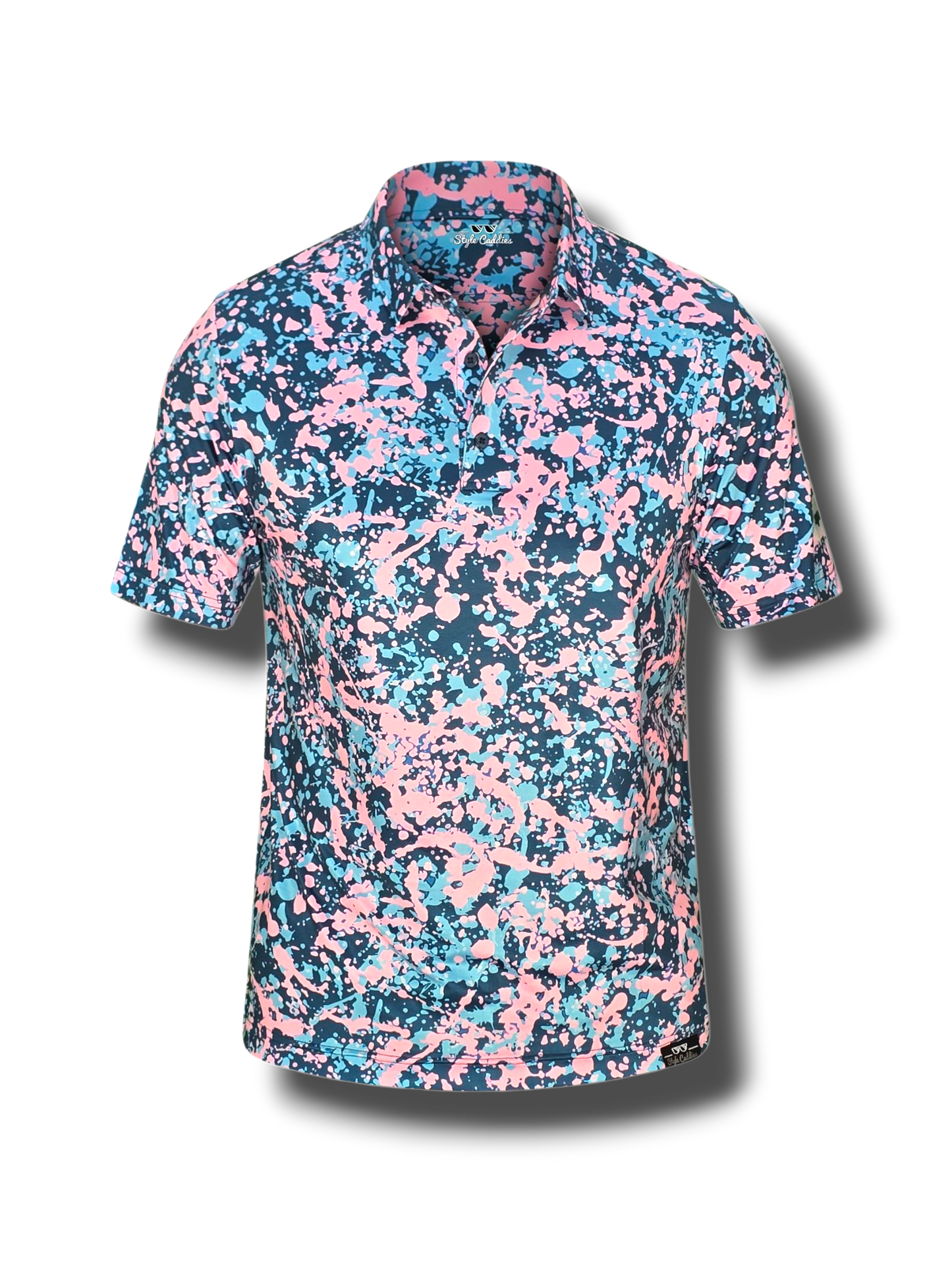 Short-sleeve golf shirt with pink and blue abstract pattern on a white background