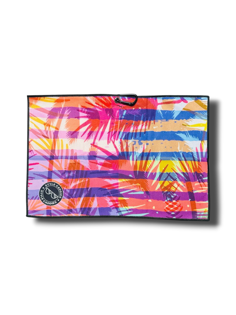magnetic golf towel Colorful palm leaf pattern with a brand logo