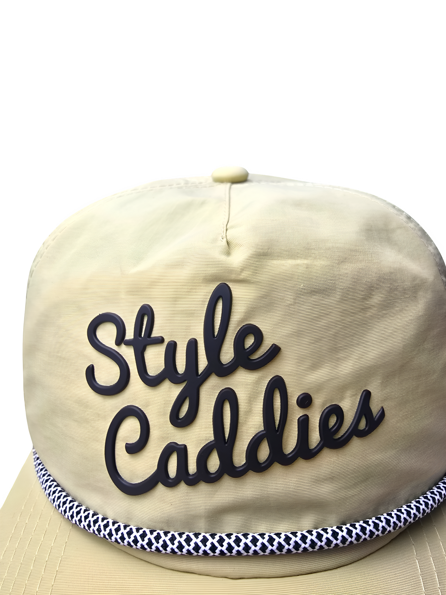 tan nylon golf hat with rope and signature