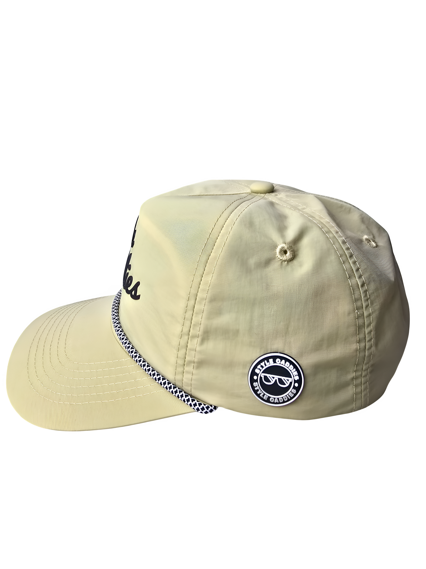 tan nylon golf had with black and white rope and style caddies signature