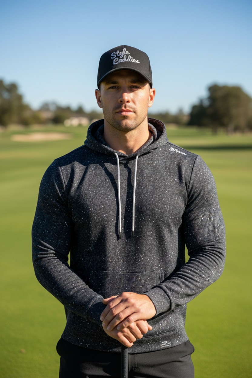 Man wearing a black cap and gray hoodie on a golf course