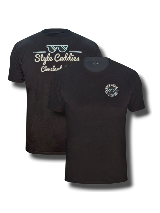 Black style caddies t-shirt with branding on the front and back against a white background