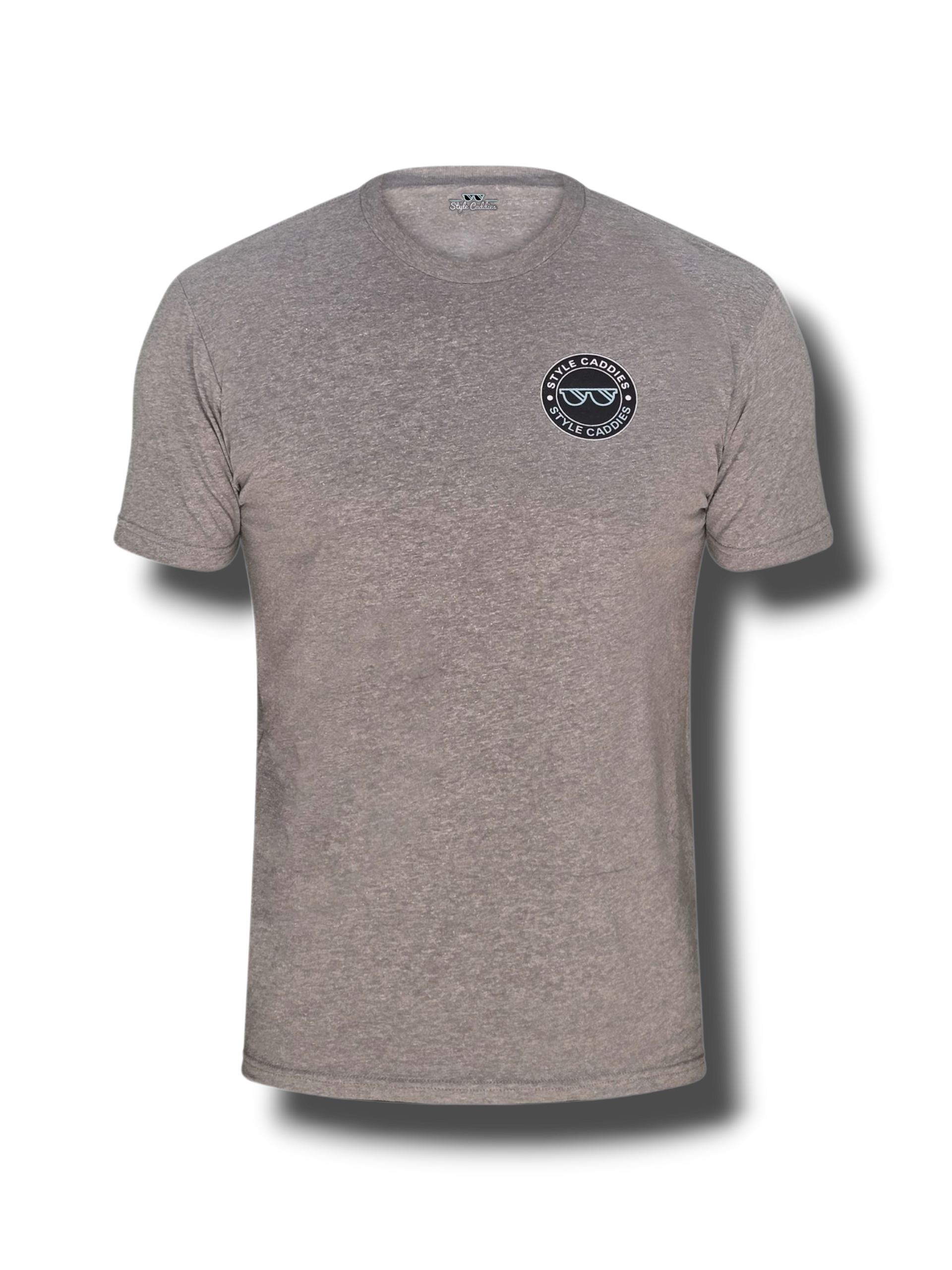 Gray t-shirt with a logo on the chest against a white background
