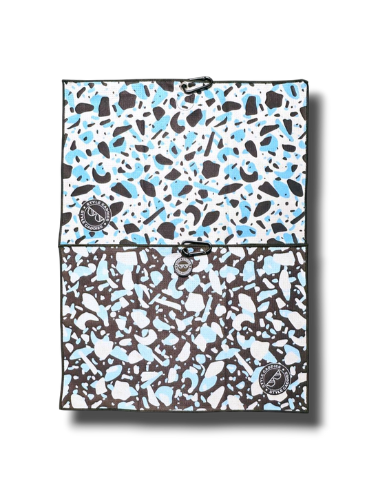 black grey and blue magbetic reversible golf towel with bedrock pattern