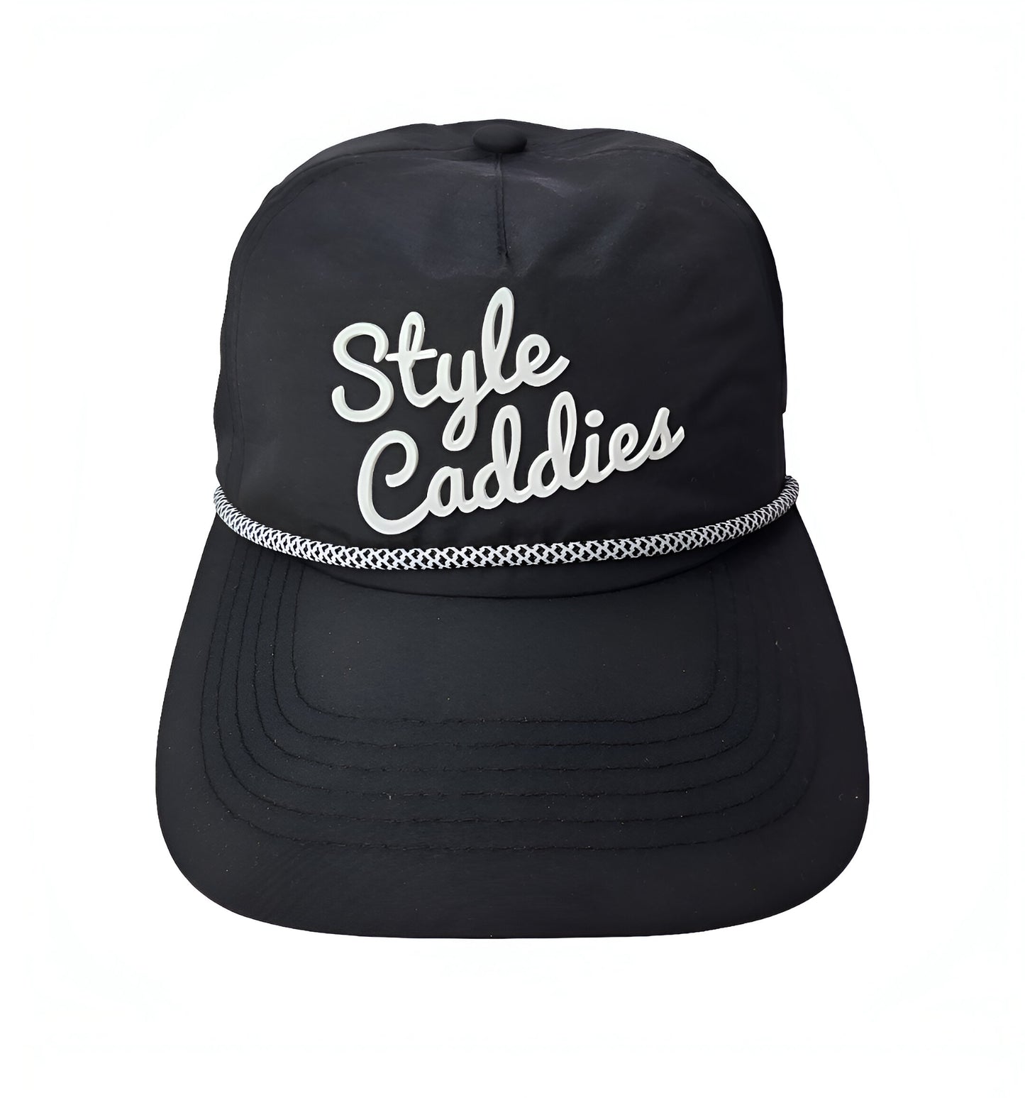 Black nylon rope golf hat with white style caddies signature