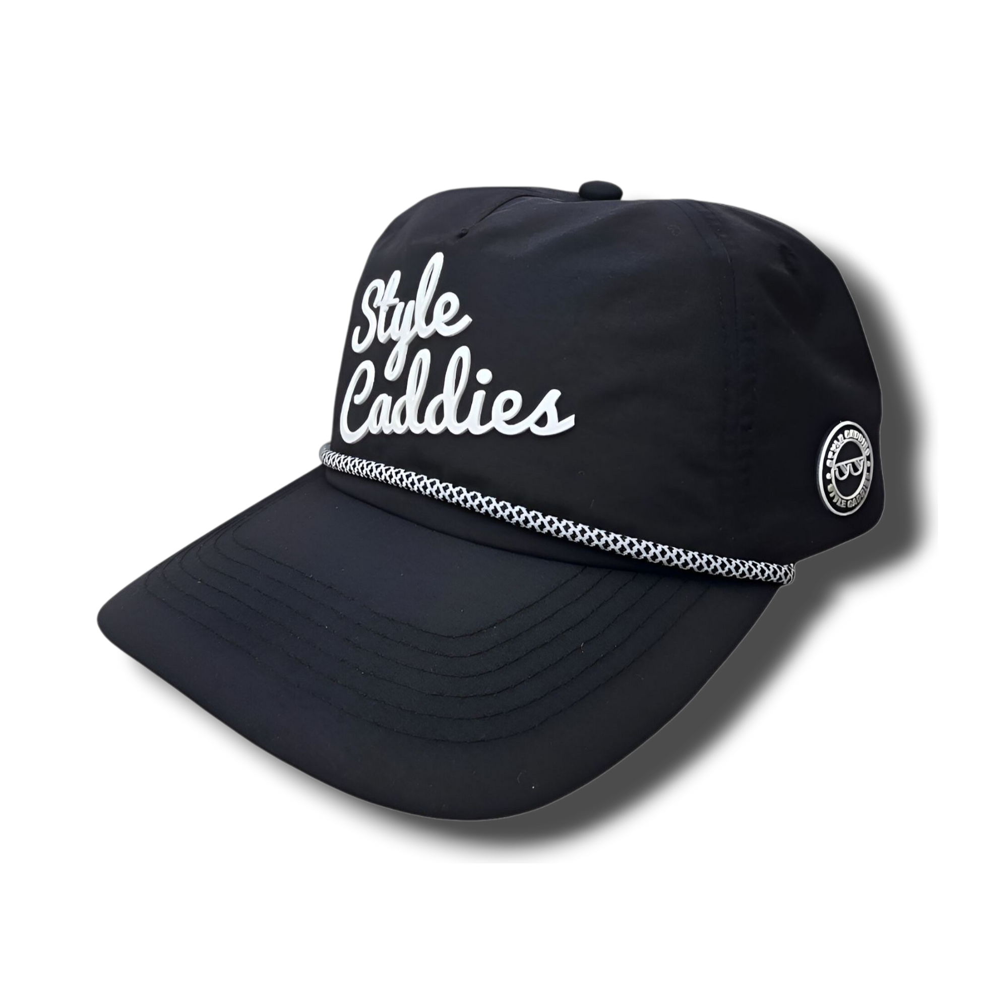 Black nylon rope golf hat with white style caddies signature