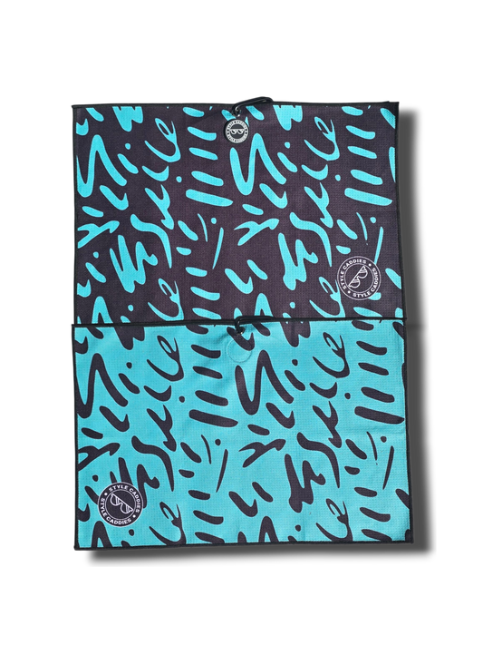 colorful magnetic golf towel with black and green patterns and logos