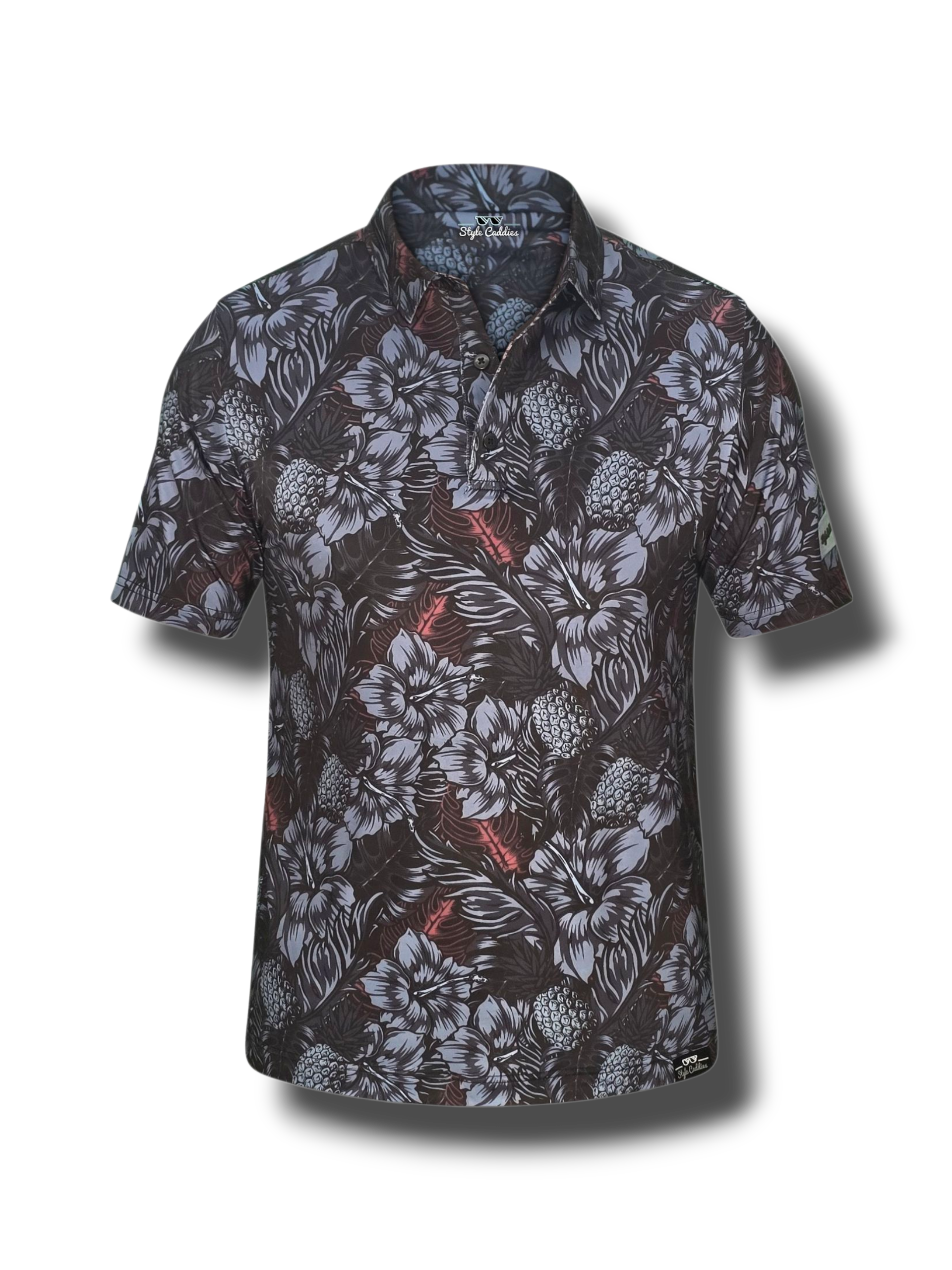 Short-sleeve golf polo shirt with floral pattern on a white background