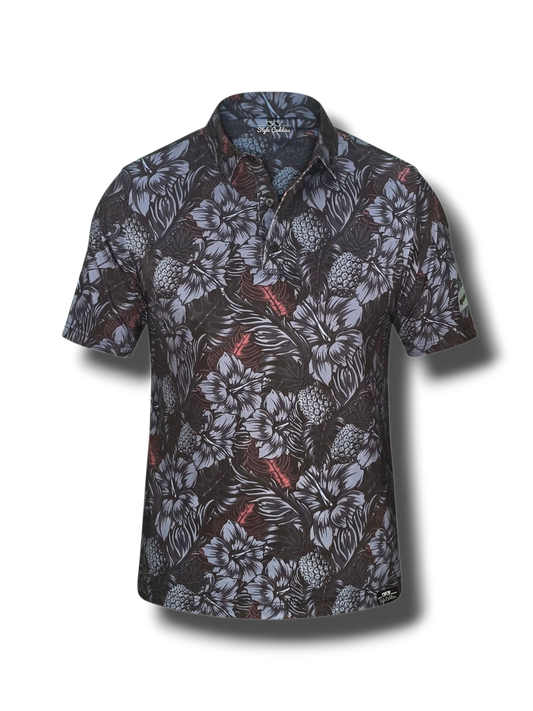 Short-sleeve golf polo shirt with floral pattern on a white background