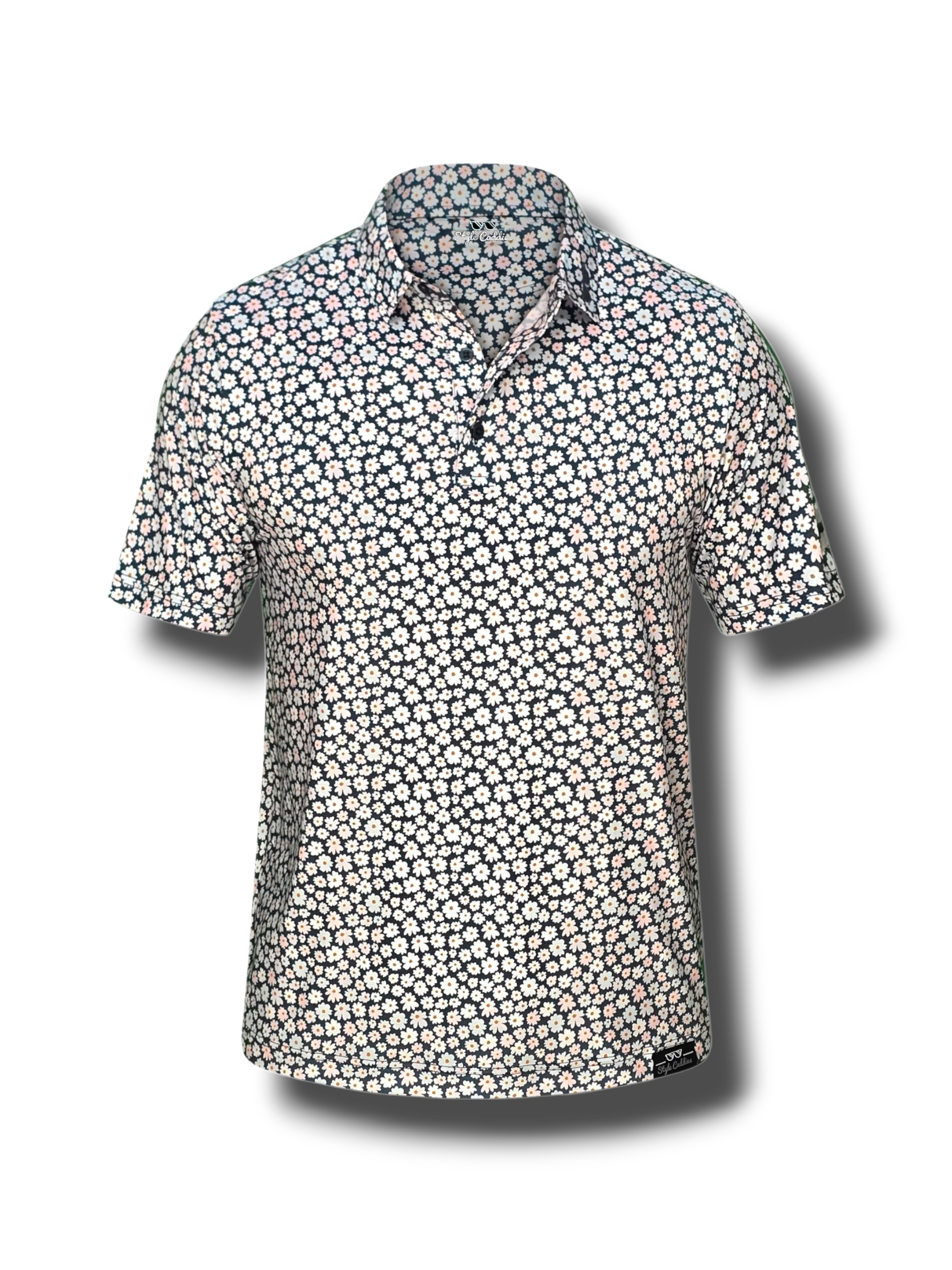 Short-sleeve men's golf shirt with a black and white pattern on a white background