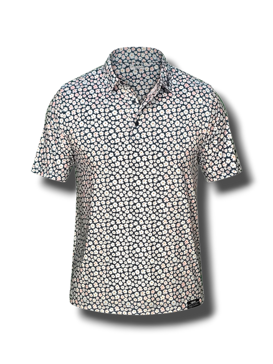 Short-sleeve men's golf shirt with a black and white pattern on a white background