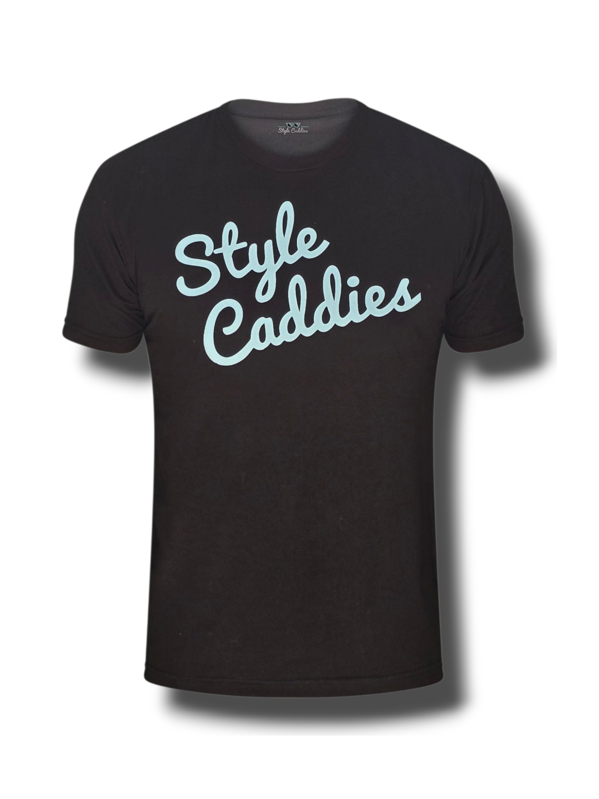 Black t-shirt with 'Style Caddies' text on a white background
