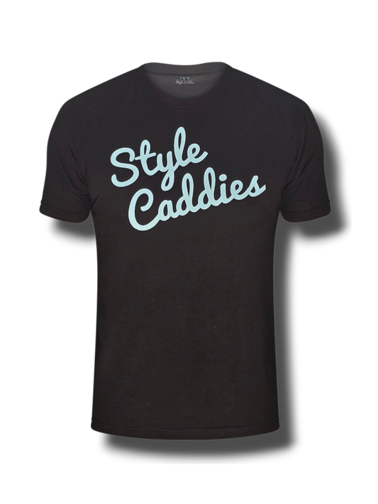 Black t-shirt with 'Style Caddies' text on a white background