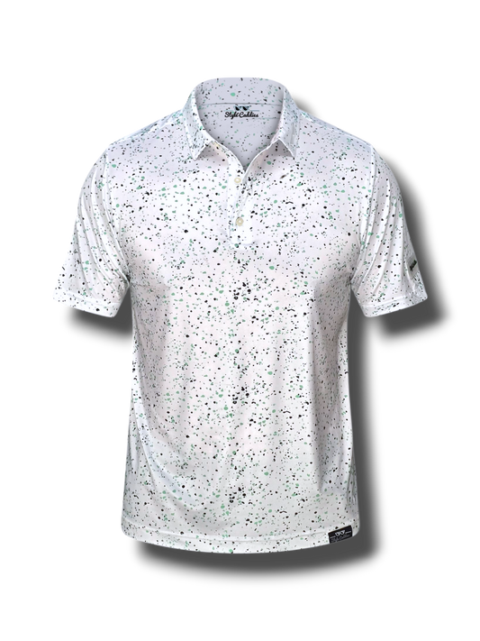 hint of mint polo shirt with black speckle pattern on a white background