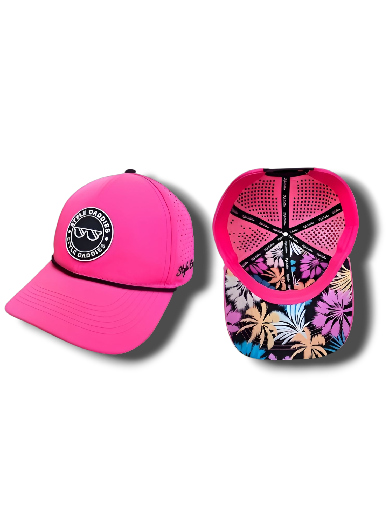hot pink golf hat with palms underneath and snapback