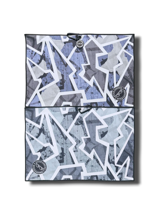 reversible magnetic golf towel with geo patterns and logos