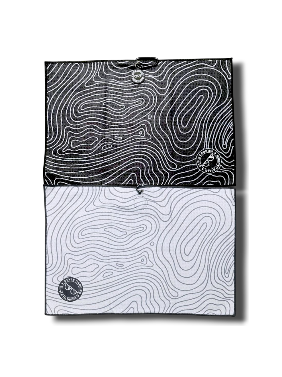 black and grey magnetic golf towel with two patterns and logos
