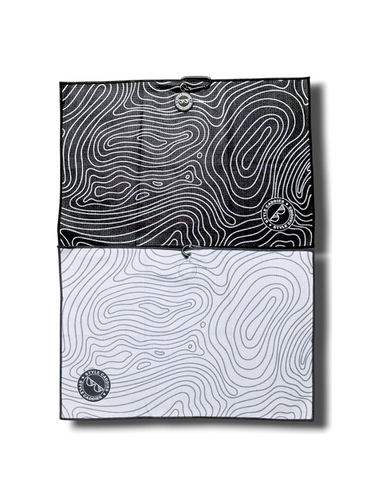 black and grey magnetic golf towel with two patterns and logos