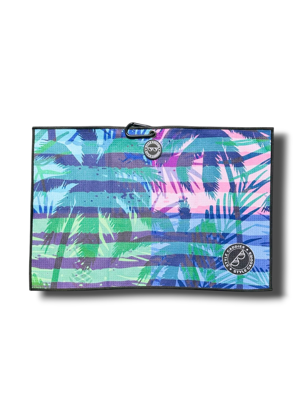 Colorful palm leaf patterned magnetic golf towel with a brand logo
