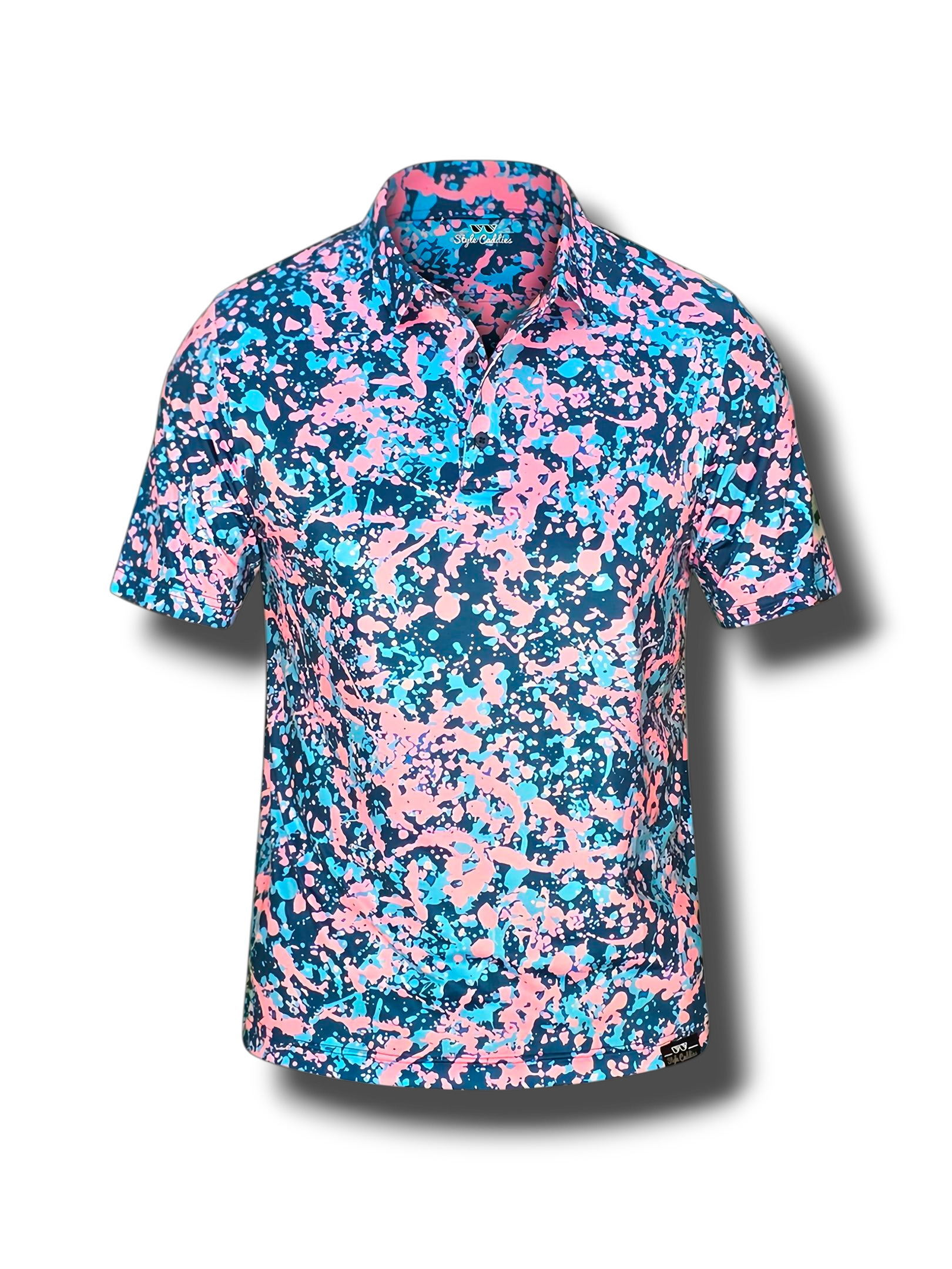 Short-sleeve shirt with pink and blue abstract pattern on a white background