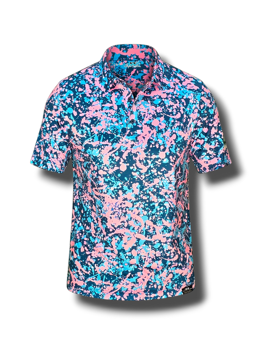 Short-sleeve shirt with pink and blue abstract pattern on a white background