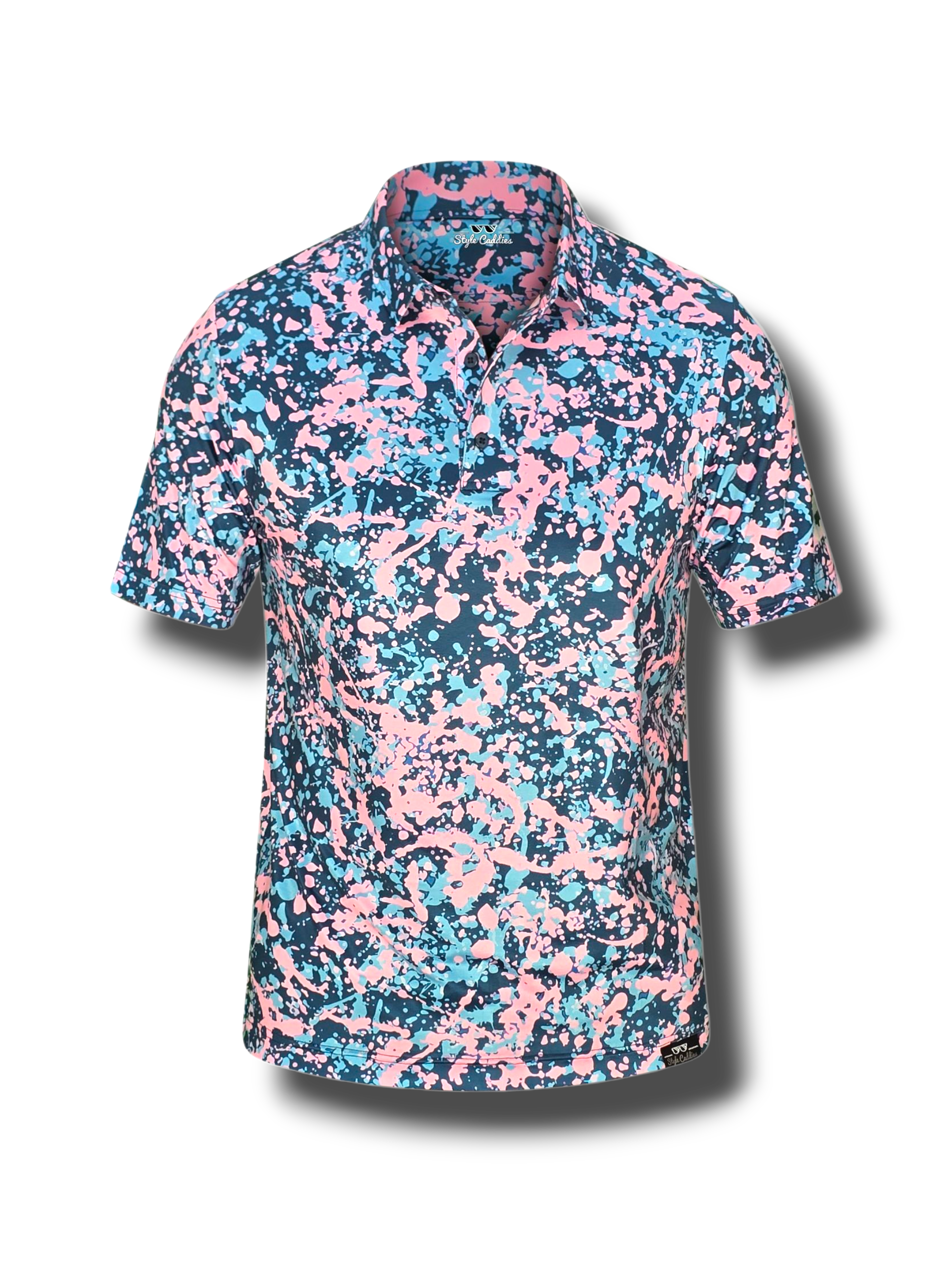 Short-sleeve golf shirt with pink and blue abstract pattern on a white background