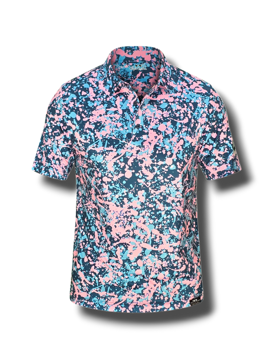Short-sleeve golf shirt with pink and blue abstract pattern on a white background