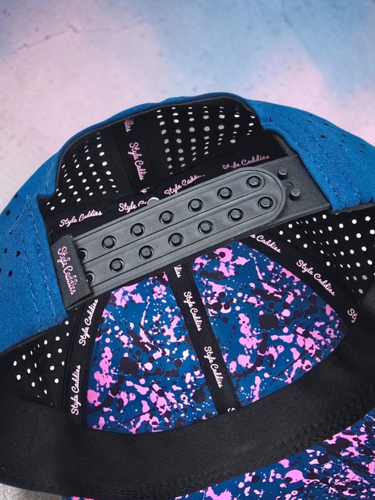Navy Style Caddies 6-panel Purpulator golf hat product detail view