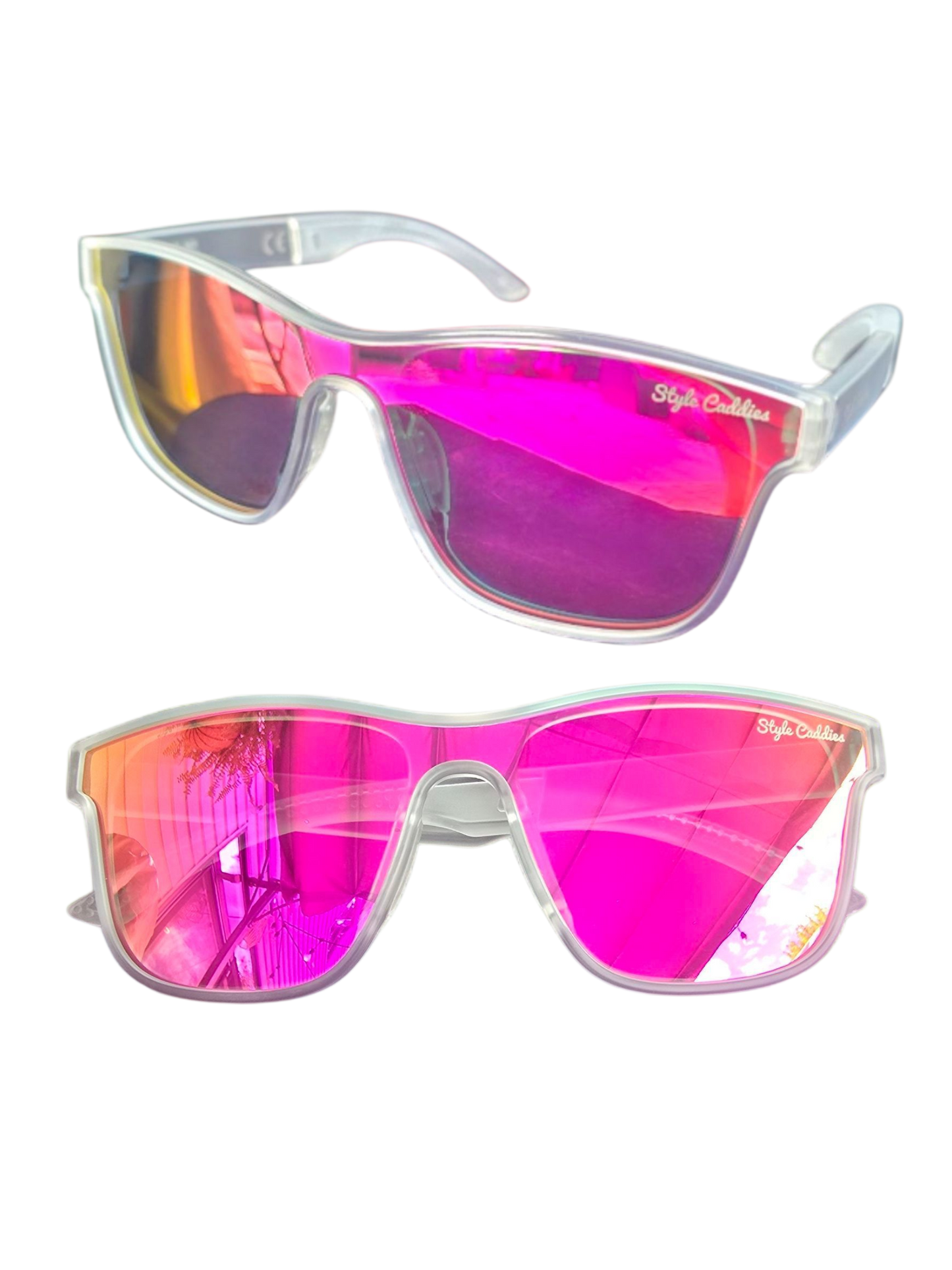 golf Sunglasses with pink reflective lenses and clear frames