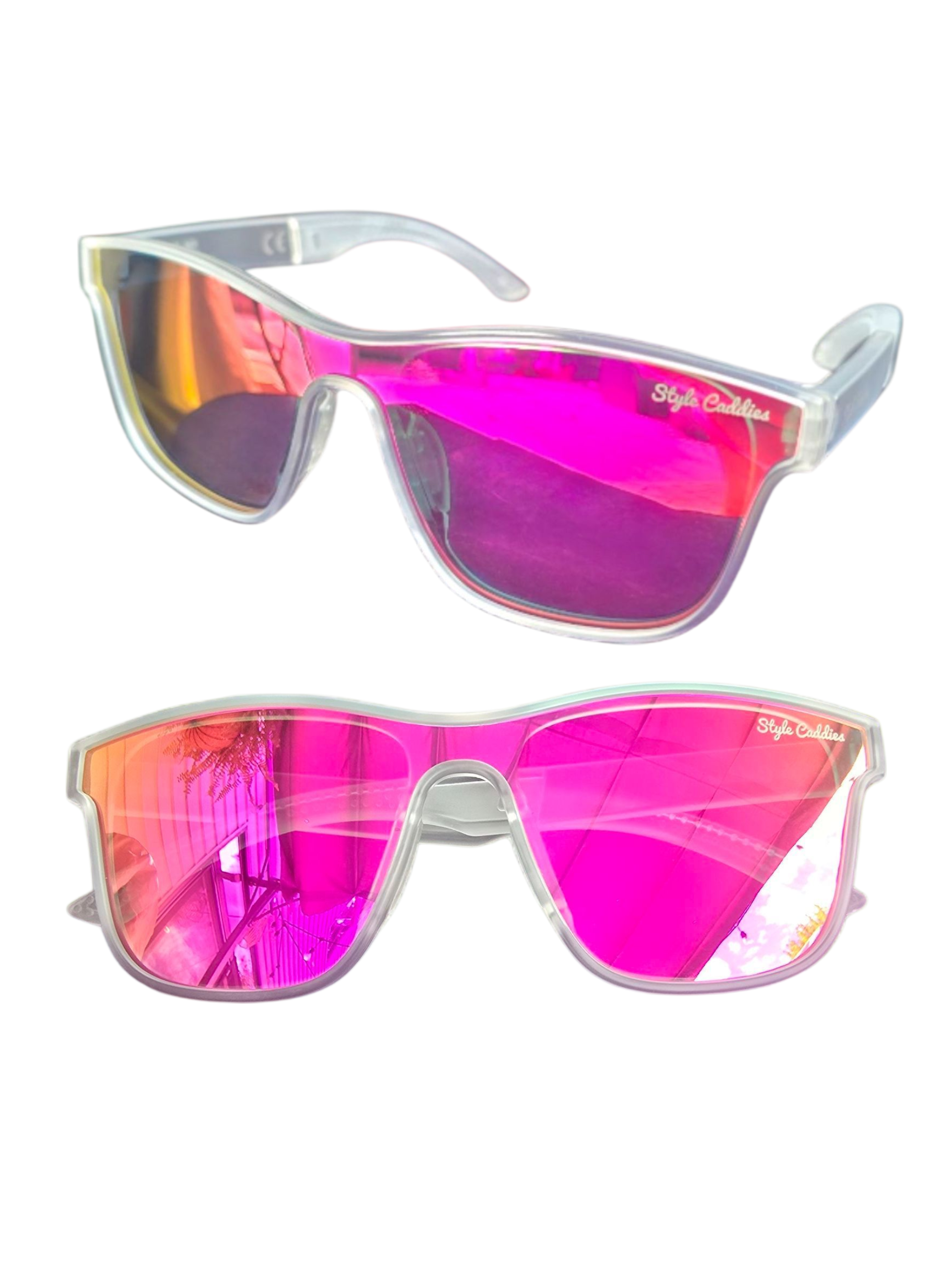 golf Sunglasses with pink reflective lenses and clear frames