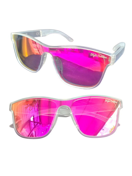 golf Sunglasses with pink reflective lenses and clear frames