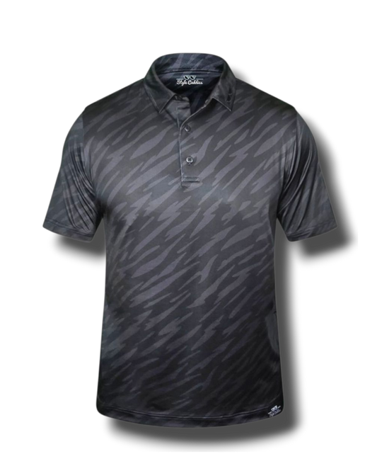 Black and gray striped men's polo shirt on a black background