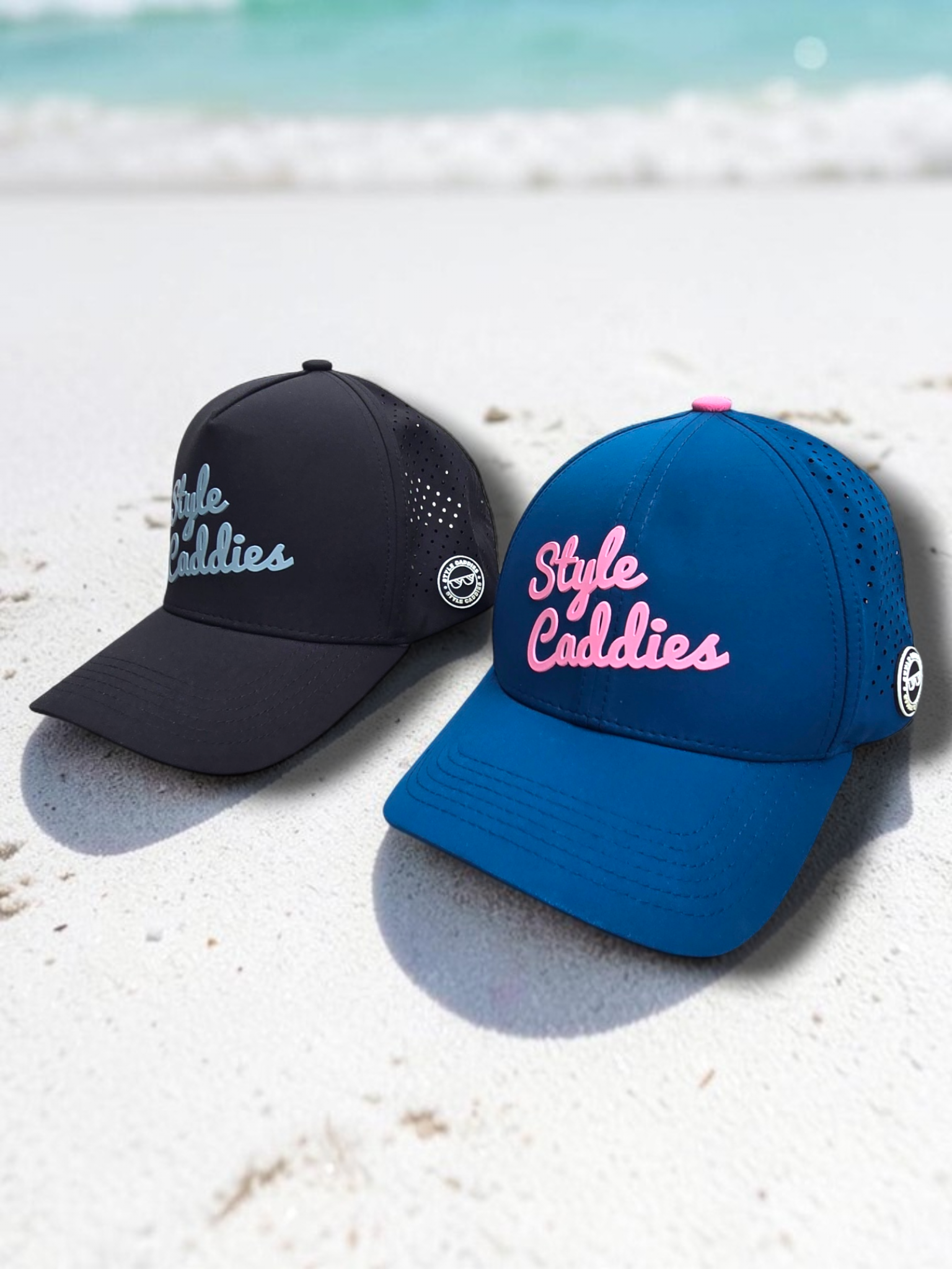 Black Style Caddies hat underside view showing black and white splatter print brim and perforated crown lining