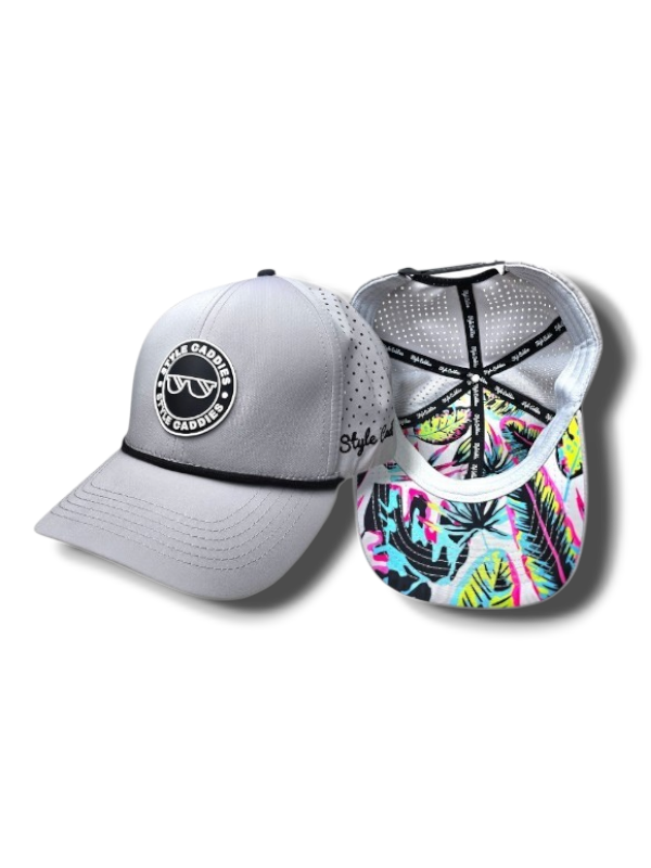 Gray Style Caddies golf rope hat with palm tree pattern underneath, front and inside views