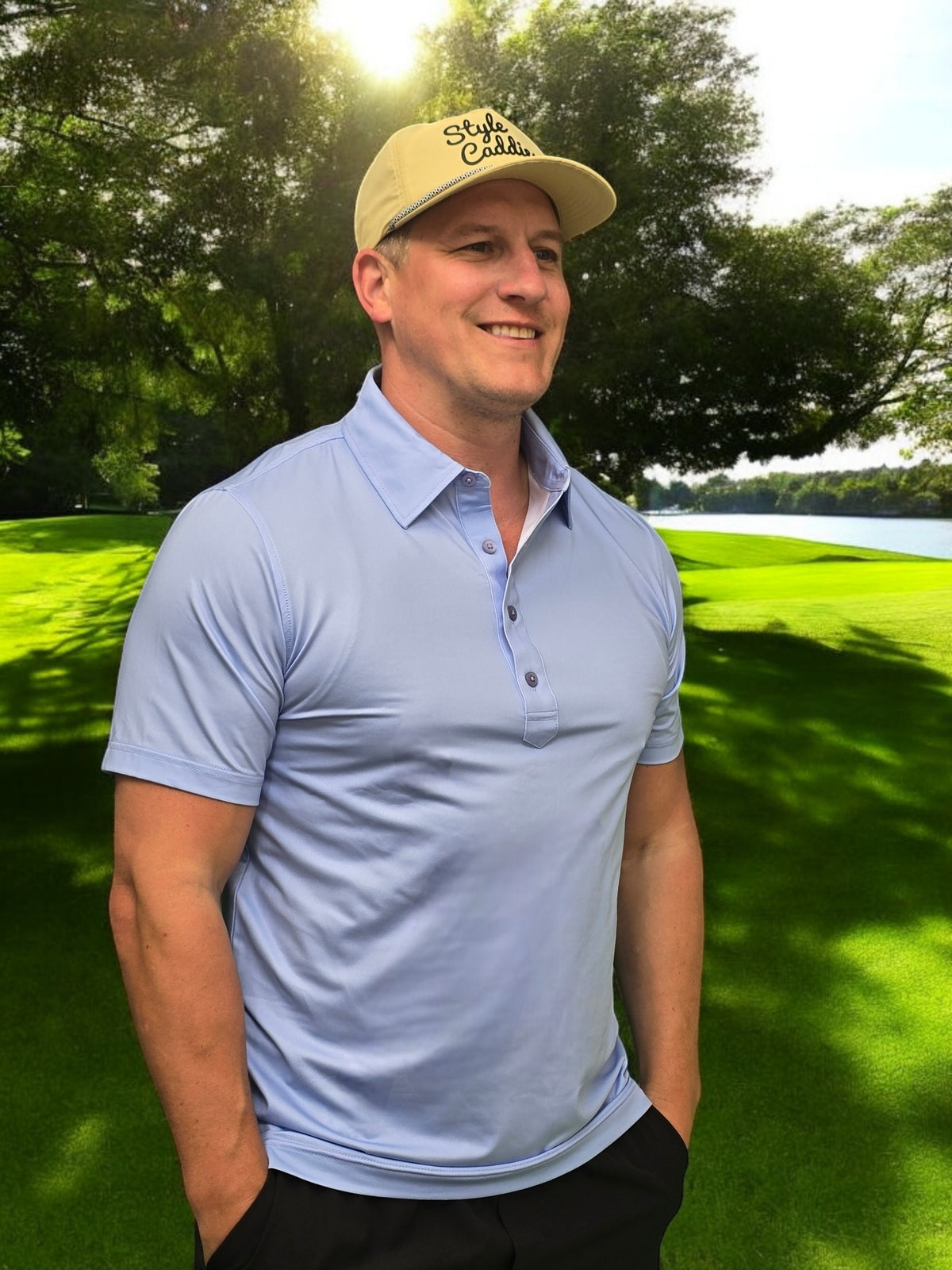 Style Caddies baby blue golf polo lifestyle shot